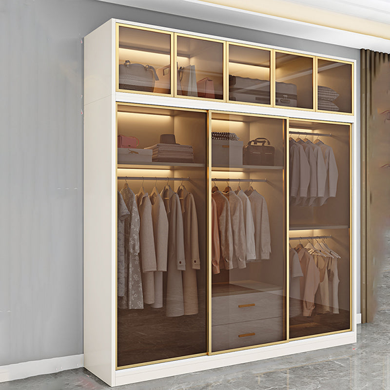 Modern White Wood Frame Wardrobe Freestanding Wardrobe with Sliding Glass Doors