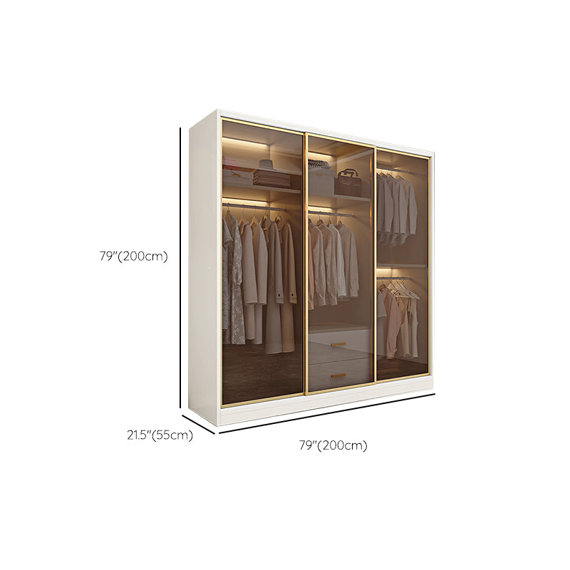 Modern White Wood Frame Wardrobe Freestanding Wardrobe with Sliding Glass Doors
