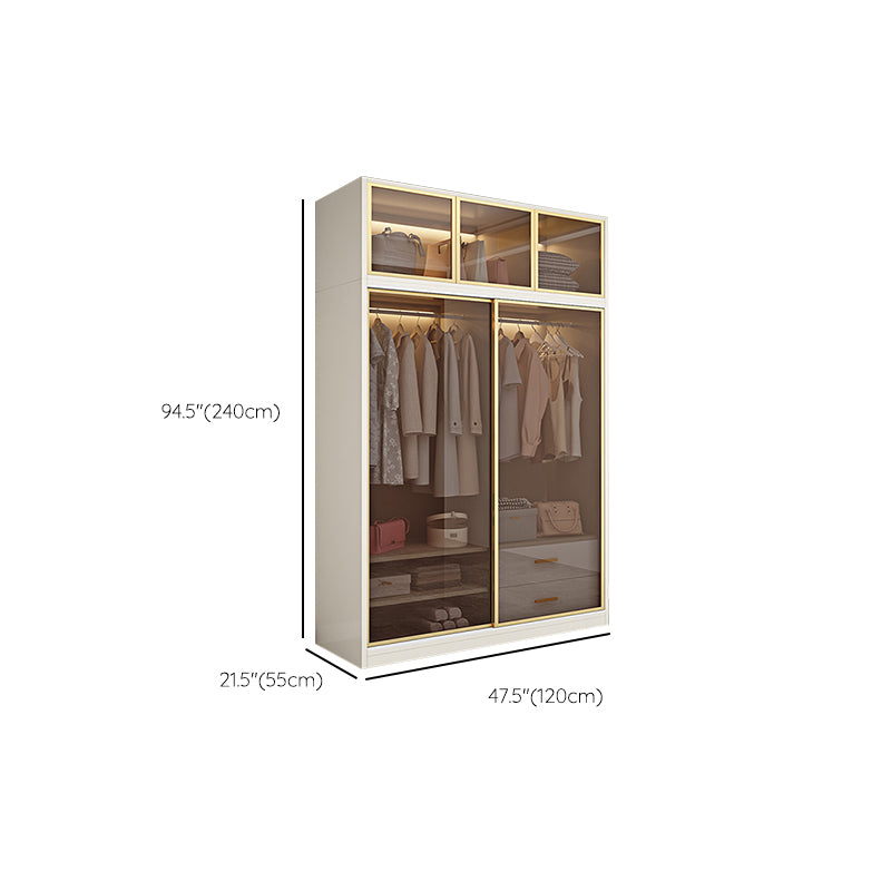 Modern White Wood Frame Wardrobe Freestanding Wardrobe with Sliding Glass Doors