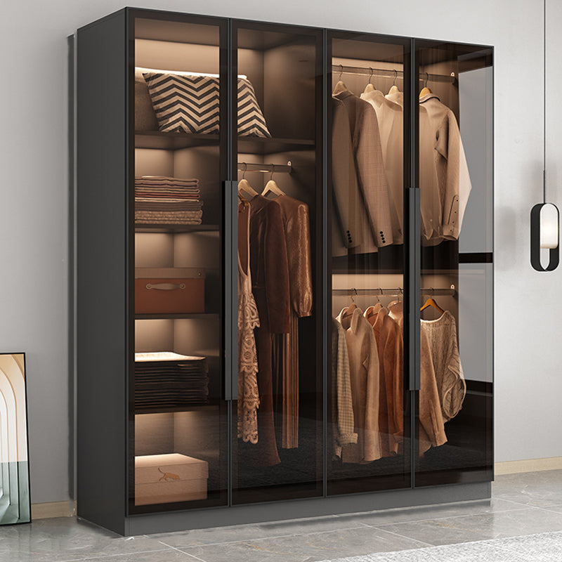 Modern Wooden Frame Wardrobe Freestanding Multifunctional Wardrobe Tempered Glass Doors