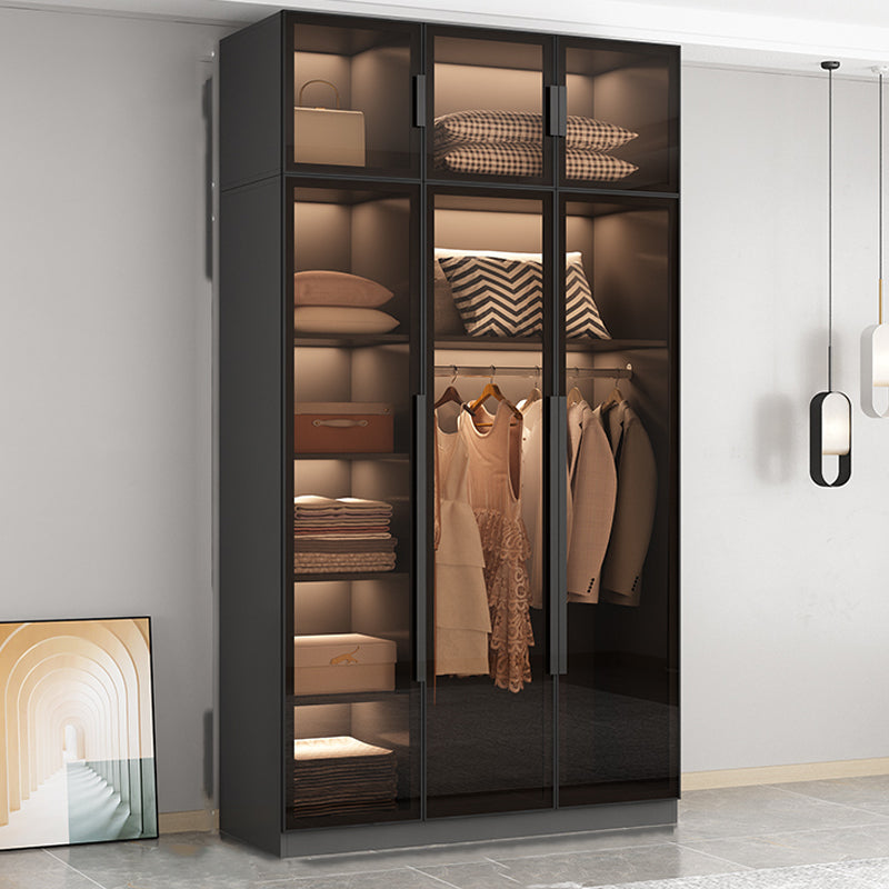 Modern Wooden Frame Wardrobe Freestanding Multifunctional Wardrobe Tempered Glass Doors
