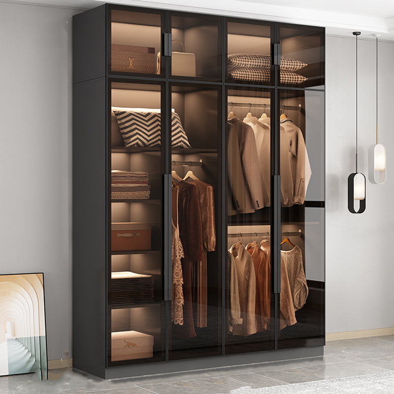 Modern Wooden Frame Wardrobe Freestanding Multifunctional Wardrobe Tempered Glass Doors