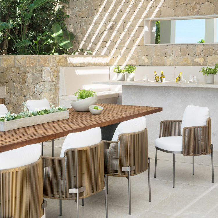 Boho Patio Dining Table Set 1/7/9 Pcs Teak Wood Dining Table with Upholstered Chair