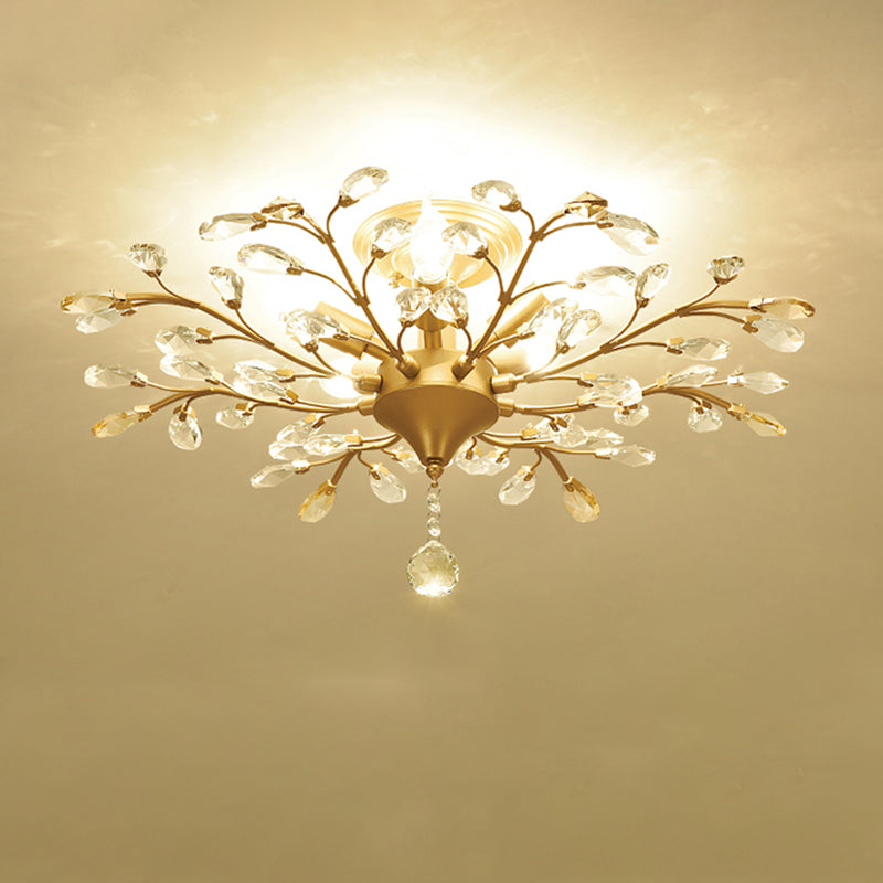 Unique Shape Crystal Flush Light Modern Style Multi Lights Flush Mount Fixture in Brass