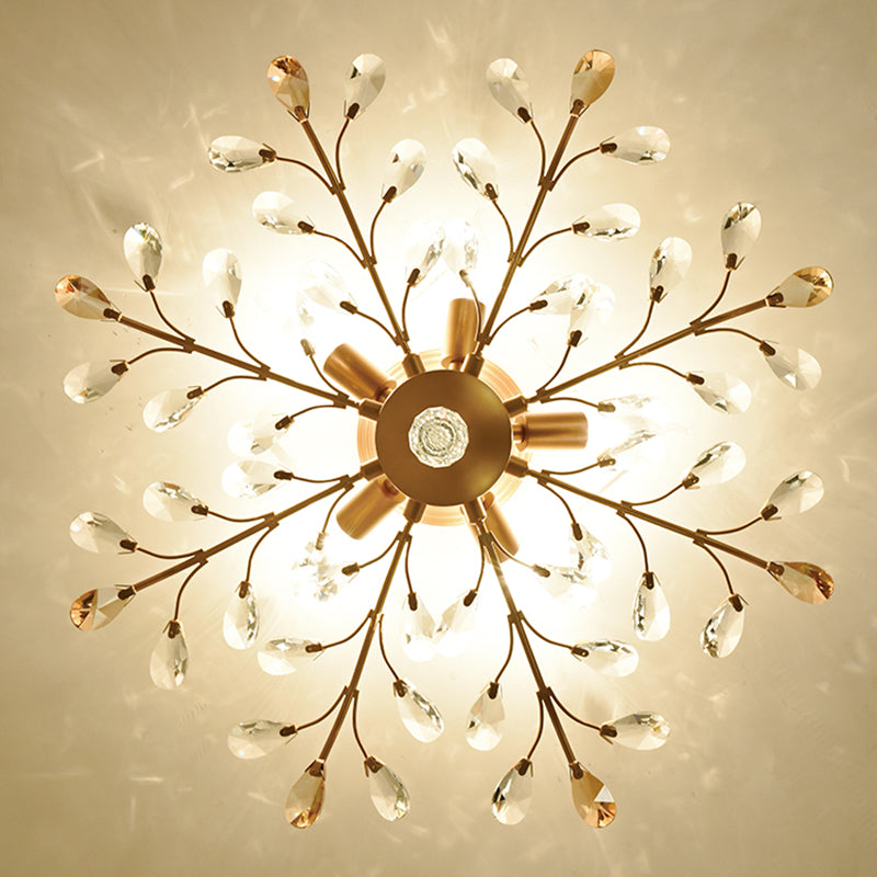 Unique Shape Crystal Flush Light Modern Style Multi Lights Flush Mount Fixture in Brass