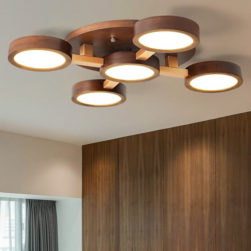 Brown Wood Modern Flush Mount Circle Shape Ceiling Light with Acrylic Shade for Passage
