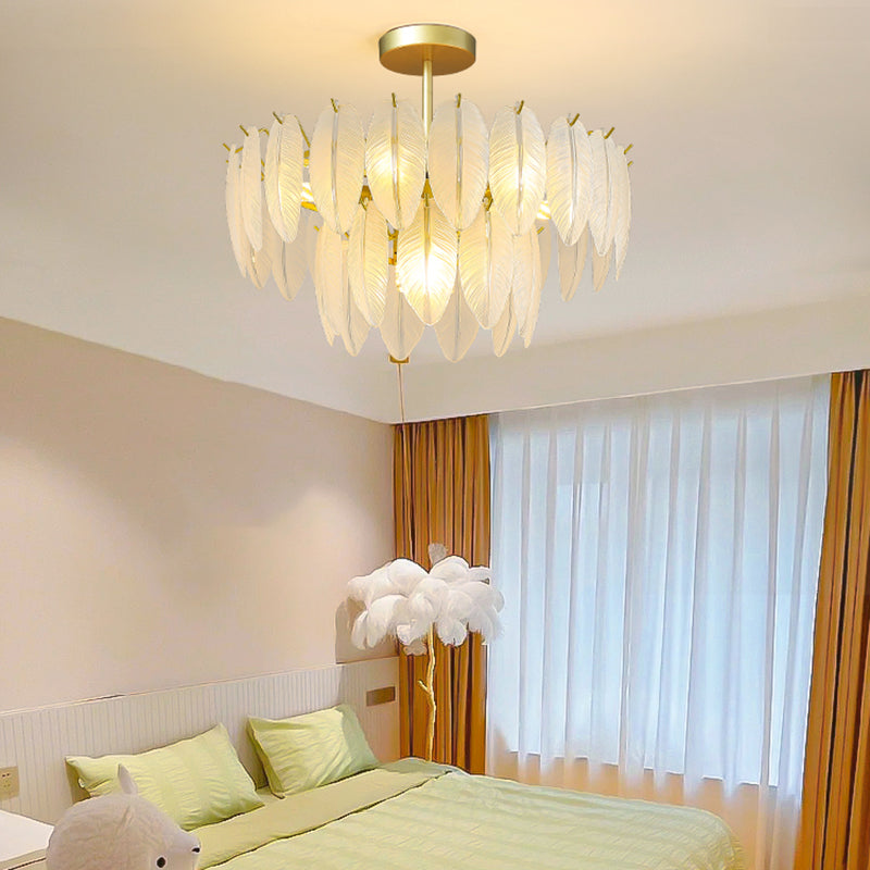 Gold Modern Metal Ceiling Light Feather Shape Island Lamp with Glass Shade for Living Room
