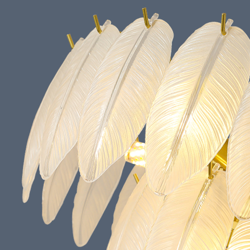 Gold Modern Metal Ceiling Light Feather Shape Island Lamp with Glass Shade for Living Room