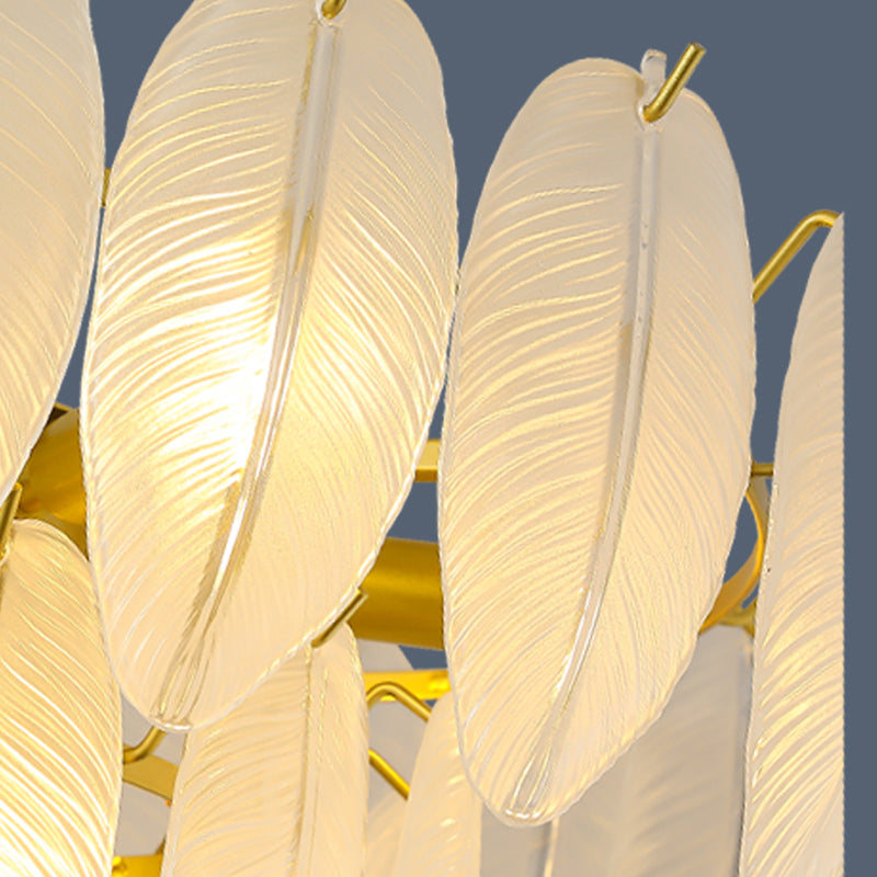 Gold Modern Metal Ceiling Light Feather Shape Island Lamp with Glass Shade for Living Room