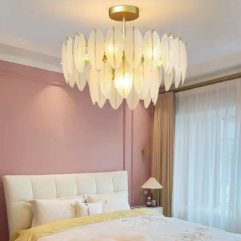 Gold Modern Metal Ceiling Light Feather Shape Island Lamp with Glass Shade for Living Room
