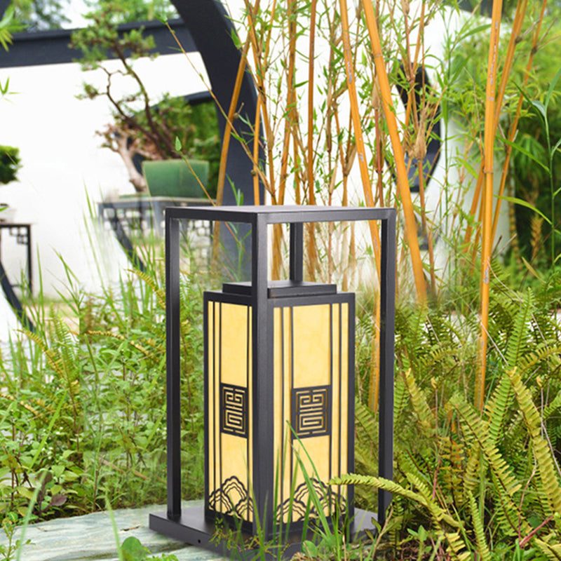 Contemporary Metal Pillar Lamp Rectangle Shape Outdoor Waterproof Light with Stone Shade
