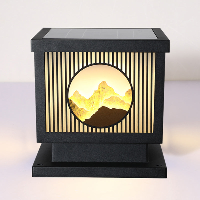 Modern Metal Solar Pillar Lamp Square Shape Outdoor Waterproof Light in Black