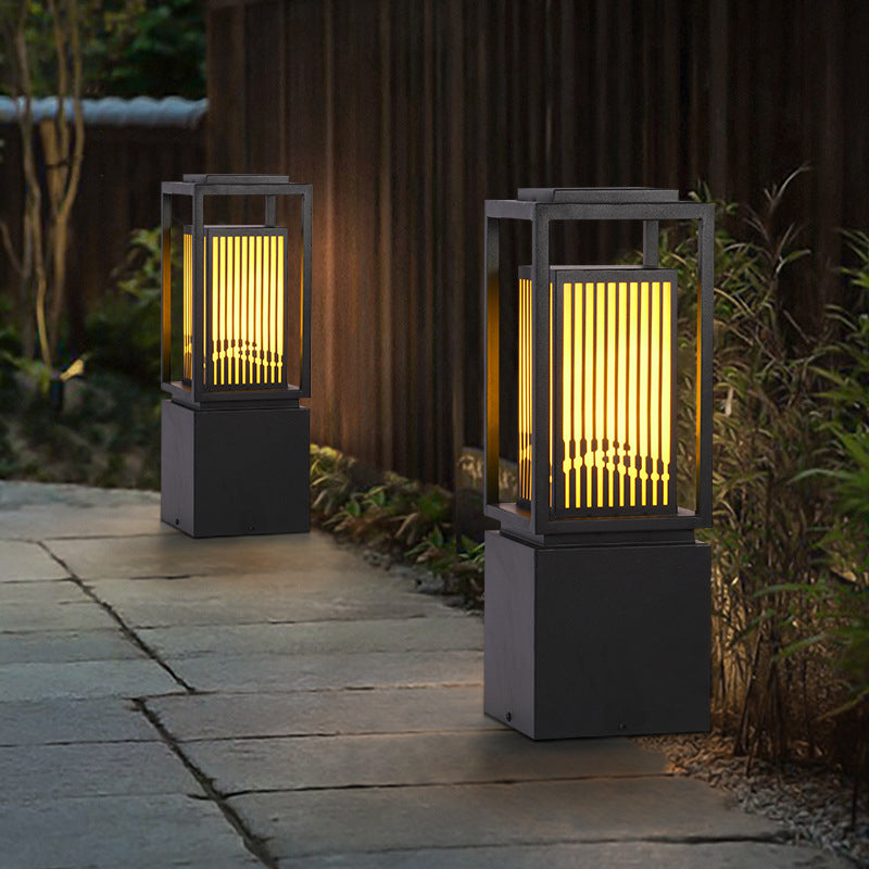 Modern Metal Solar Pillar Lamp Rectangle Shape Outdoor Waterproof Light in Black