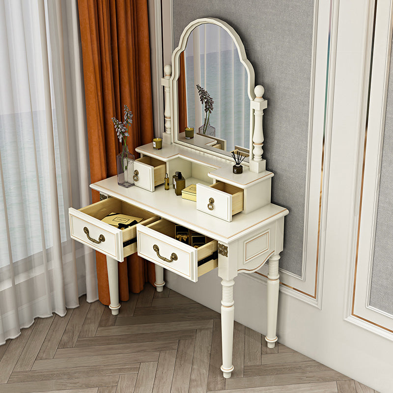 Victorian Solid Wood Vanity Makeup Dressing Table Stool Set with Mirror in White