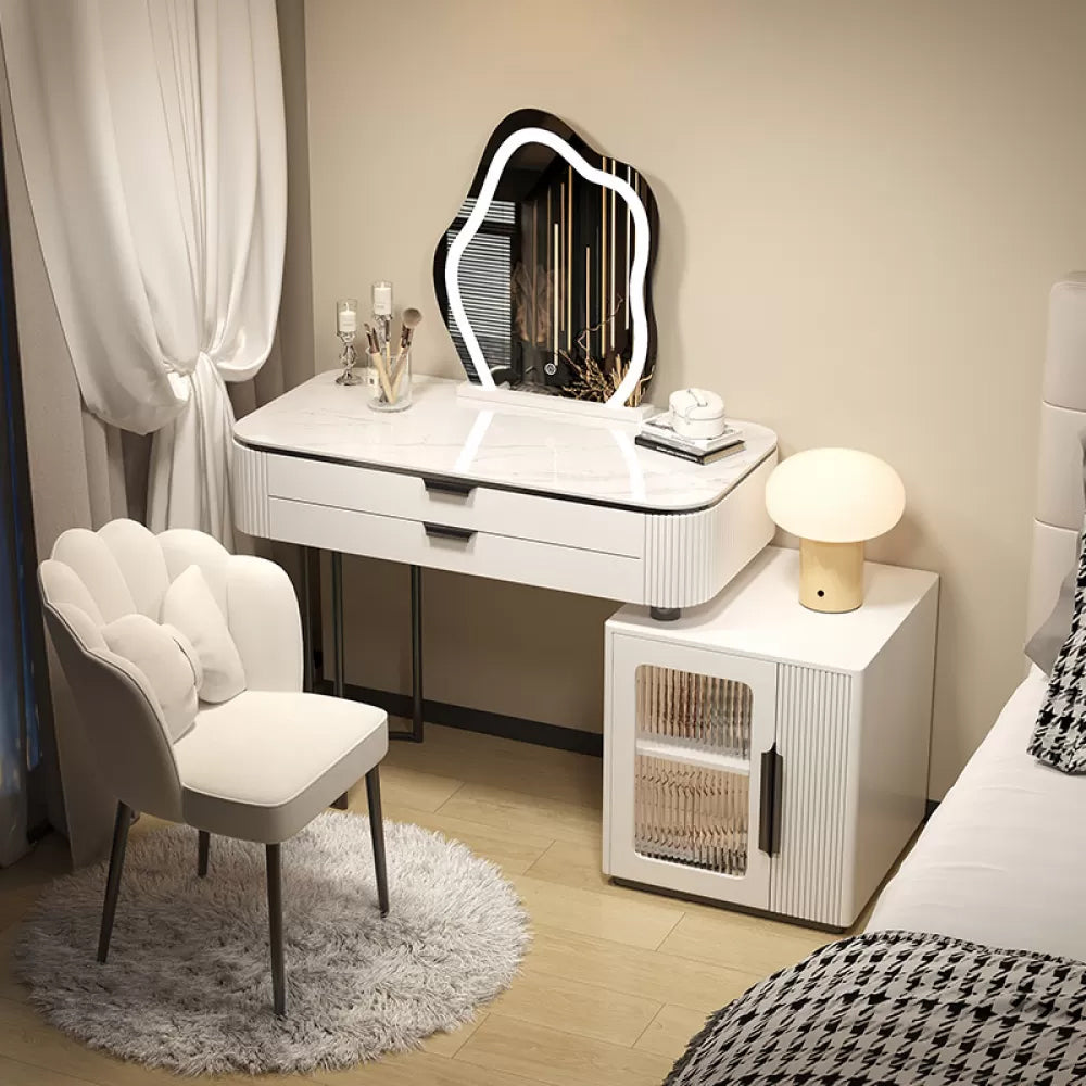 Contemporary Stone Top Vanity Table Set with Mirror and Stool Glam Slate Dressing Table