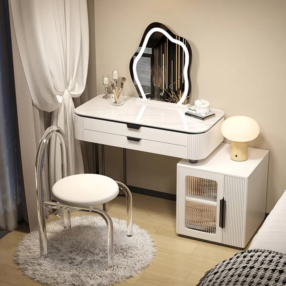 Contemporary Stone Top Vanity Table Set with Mirror and Stool Glam Slate Dressing Table