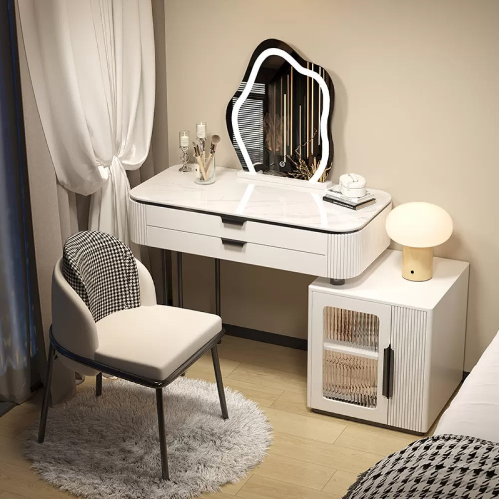 Contemporary Stone Top Vanity Table Set with Mirror and Stool Glam Slate Dressing Table