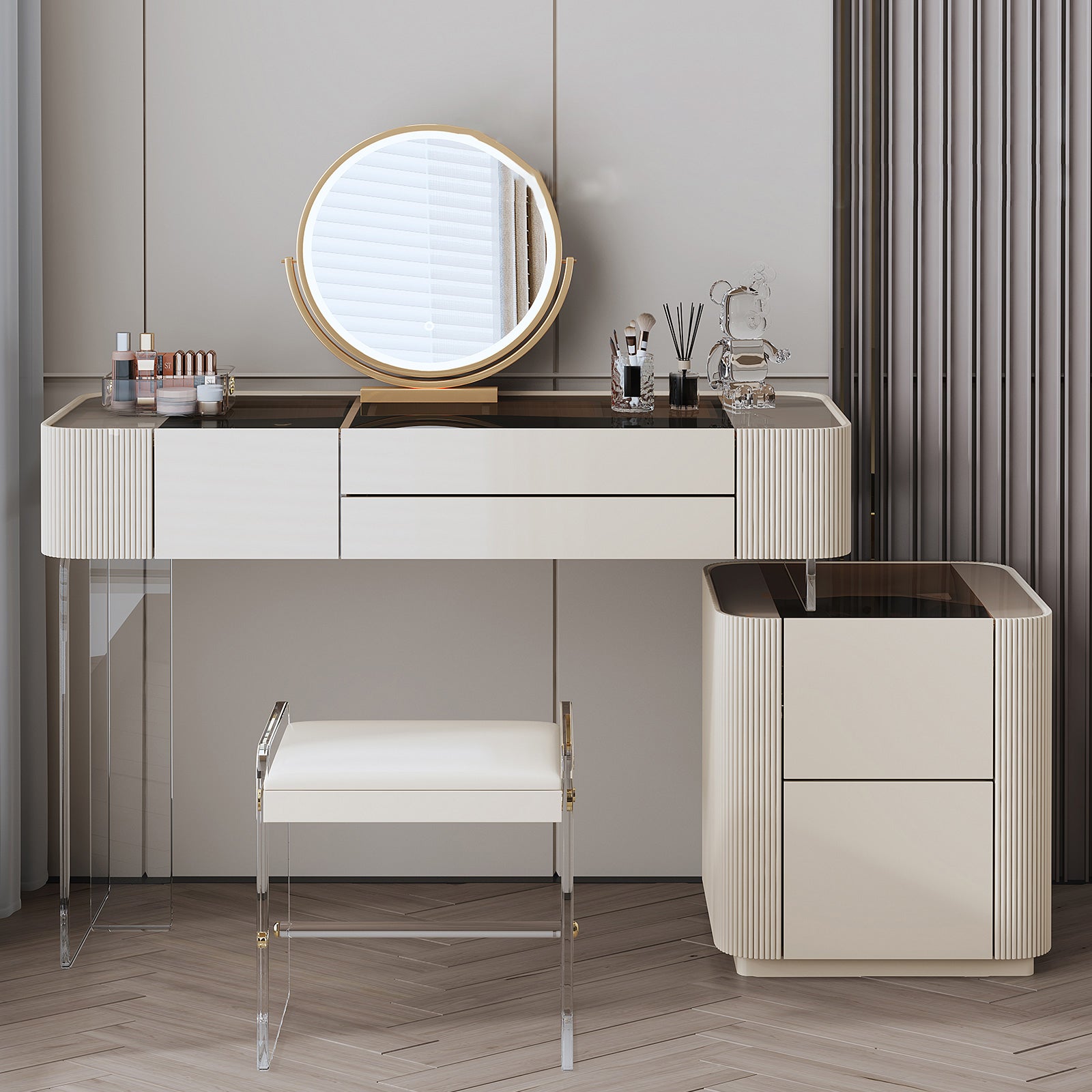 Glam Bedroom Makeup Vanity Desk Glass Vanity Dressing Table Set