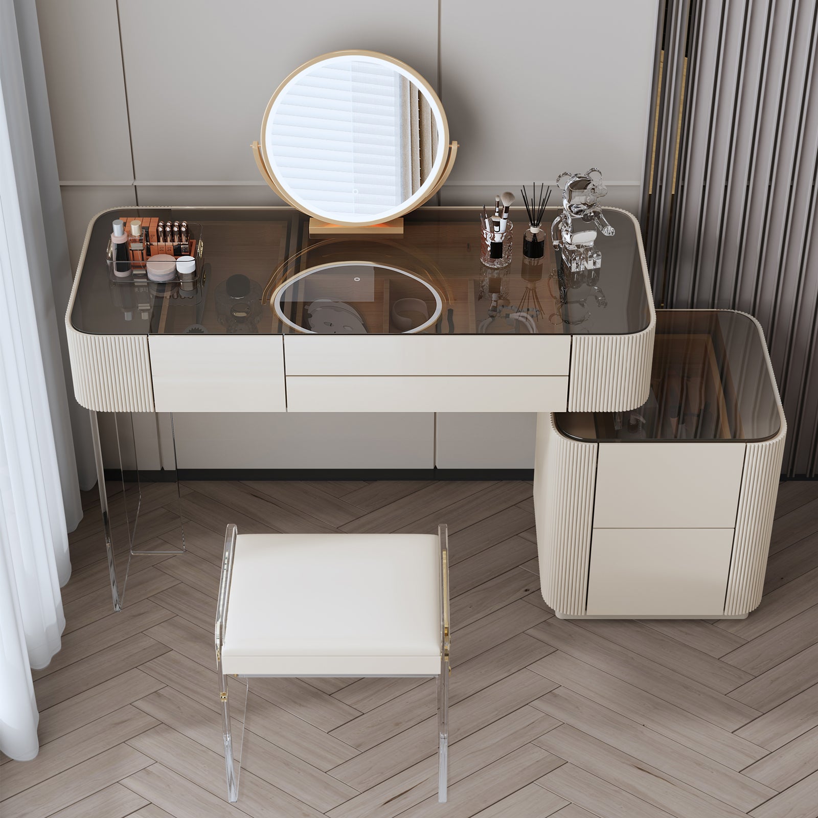 Glam Bedroom Makeup Vanity Desk Glass Vanity Dressing Table Set