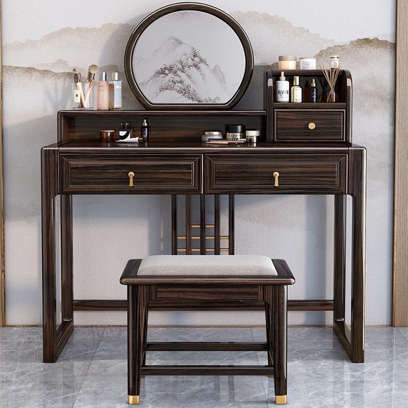 Solid Wood Vanity Set with Stool Set Brown Dresser with 3-Drawer and Mirror