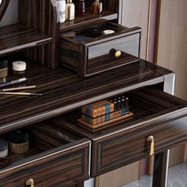 Solid Wood Vanity Set with Stool Set Brown Dresser with 3-Drawer and Mirror