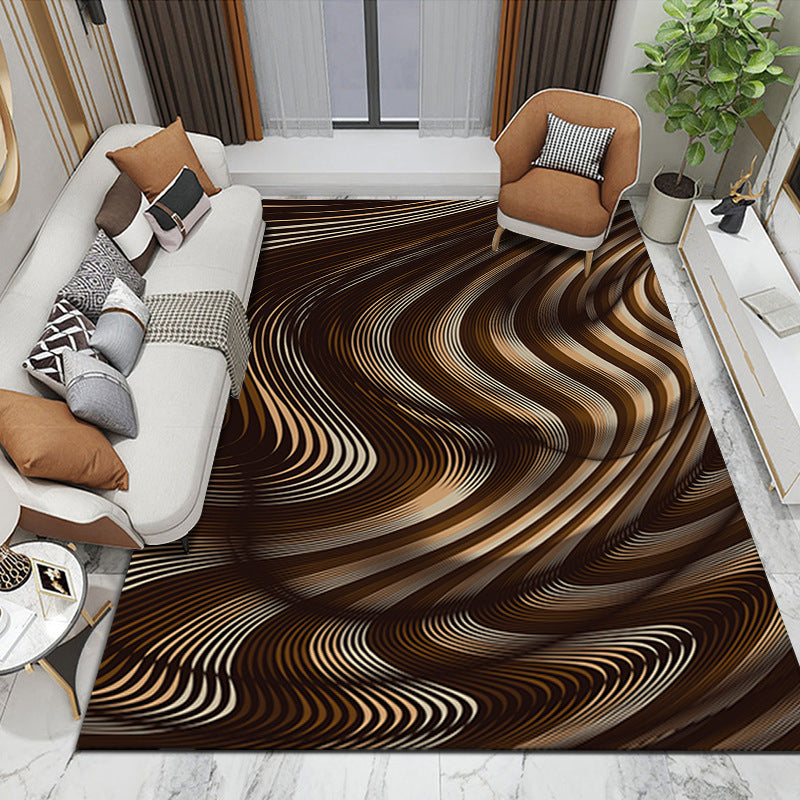 Brown Modern Rug Polyester Abstract Striped Rug Washable Rug for Home Decor