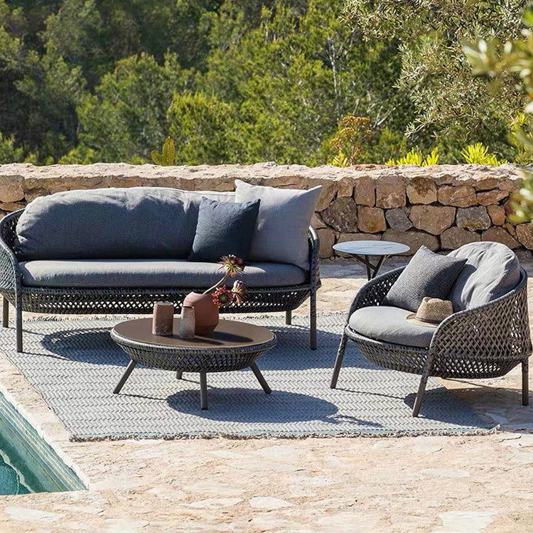 Gray Cushion Patio Sofa Tropical Metal Frame Outdoor Patio Sofa with Pillows