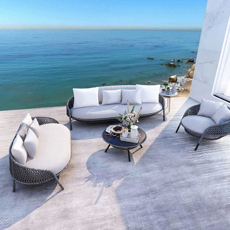 Gray Cushion Patio Sofa Tropical Metal Frame Outdoor Patio Sofa with Pillows