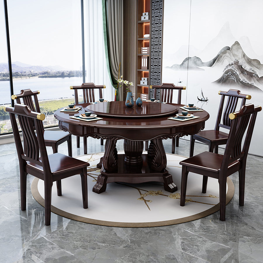 Glossy Brown Wood Dinette Table with Pedestal Traditional Round Dining Table