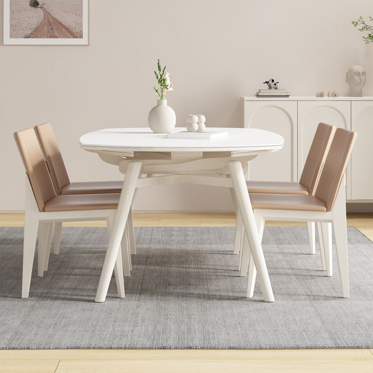 White Drop-Leaf Dining Table Round Sintered Stone Dinner Table for Dining Room