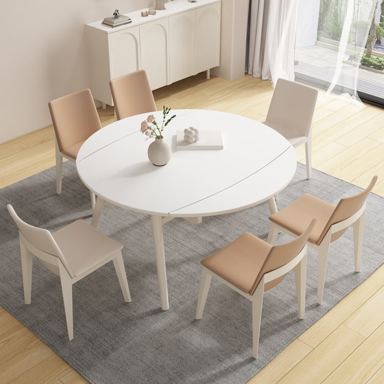 White Drop-Leaf Dining Table Round Sintered Stone Dinner Table for Dining Room