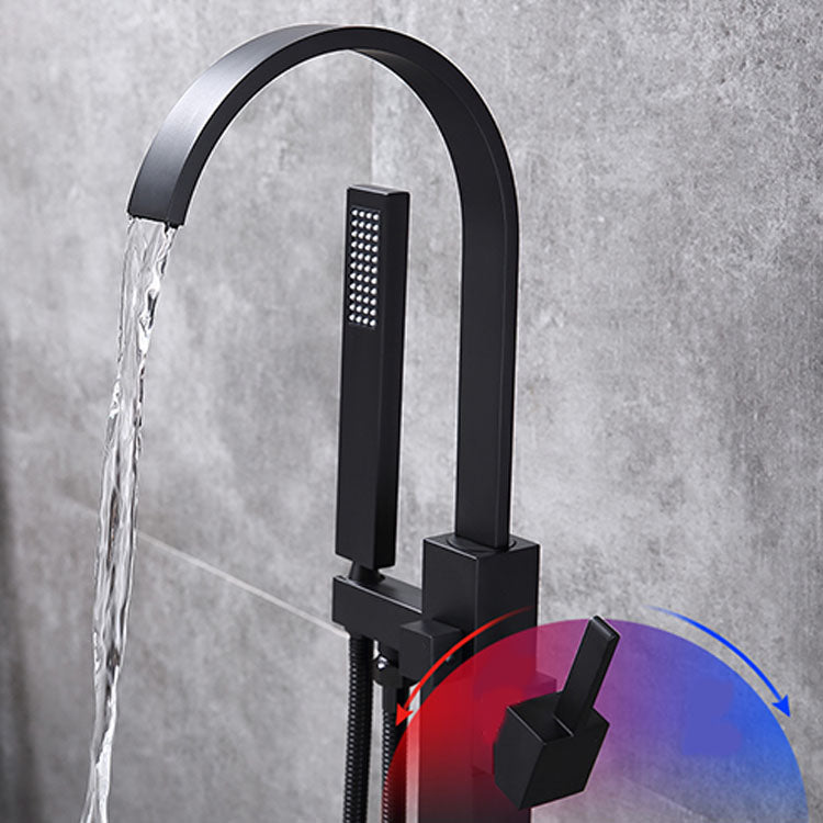 Contemporary Brass Freestanding Tub Filler with Hose Floor Mounted Bathroom Faucet