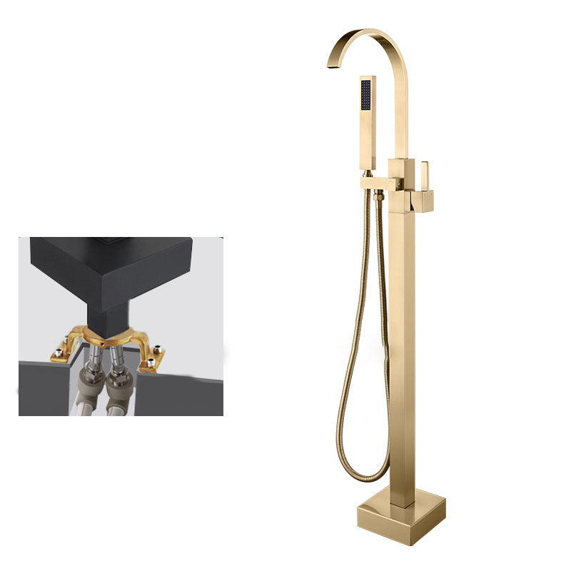 Contemporary Brass Freestanding Tub Filler with Hose Floor Mounted Bathroom Faucet