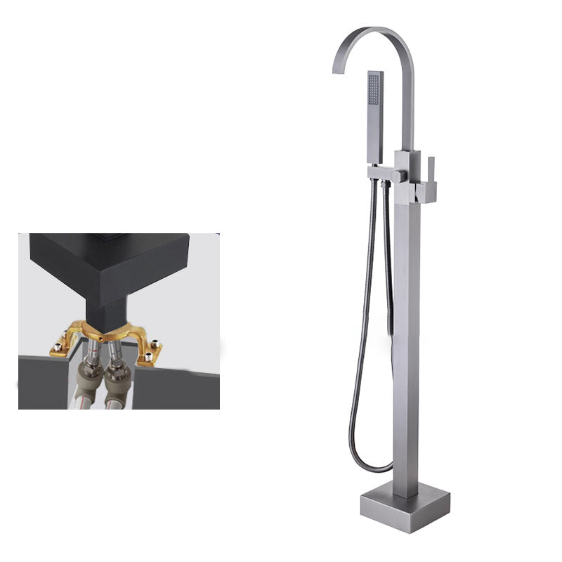 Contemporary Brass Freestanding Tub Filler with Hose Floor Mounted Bathroom Faucet