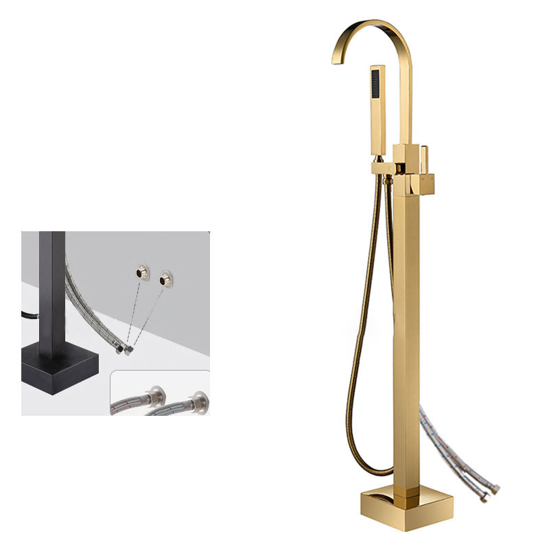 Contemporary Brass Freestanding Tub Filler with Hose Floor Mounted Bathroom Faucet