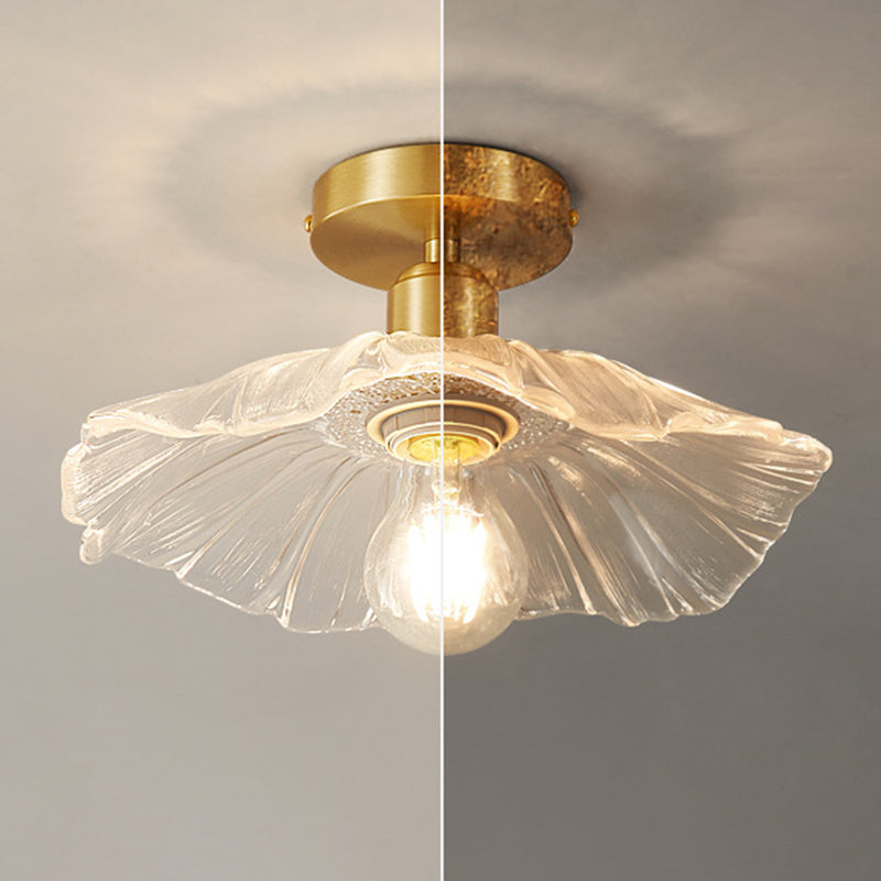 Flower Shape Glass Flush Light Modern Style 1 Light Flush Mount Fixture in Brass