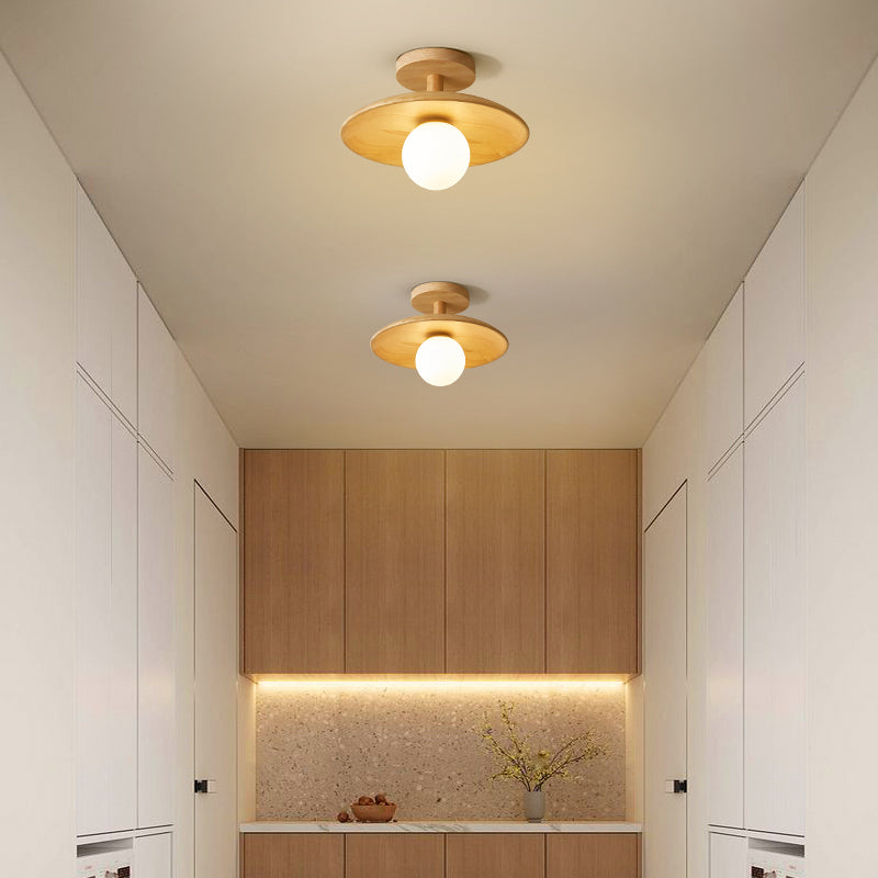 1-Light Ceiling Light Wooden Ceiling Mount Light with Glass Shade for Bedroom