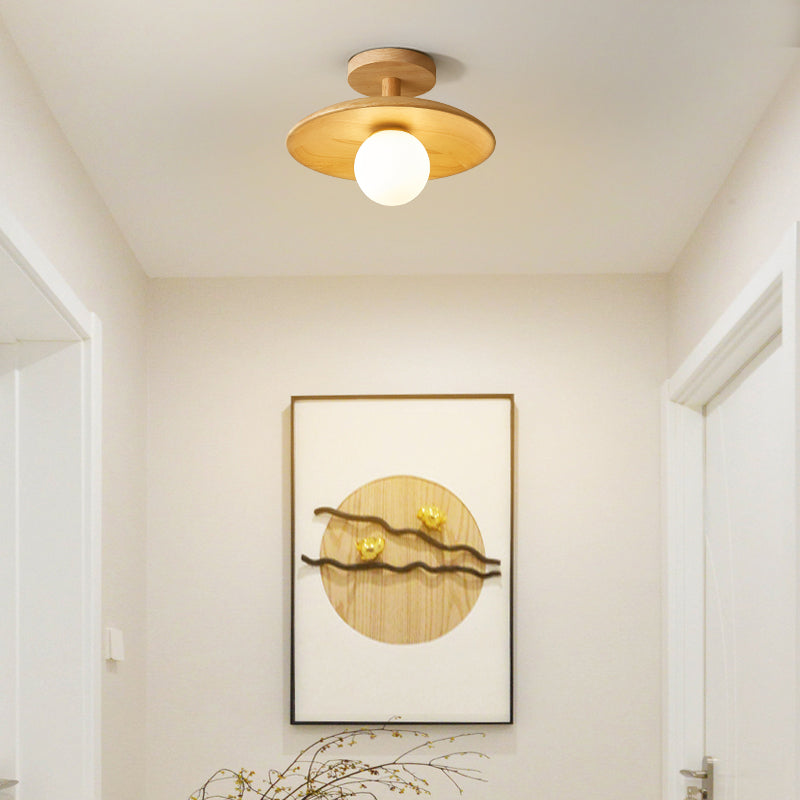 1-Light Ceiling Light Wooden Ceiling Mount Light with Glass Shade for Bedroom