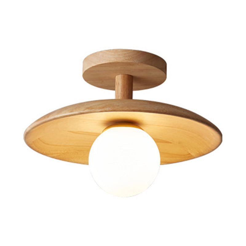 1-Light Ceiling Light Wooden Ceiling Mount Light with Glass Shade for Bedroom