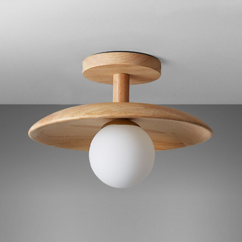 1-Light Ceiling Light Wooden Ceiling Mount Light with Glass Shade for Bedroom