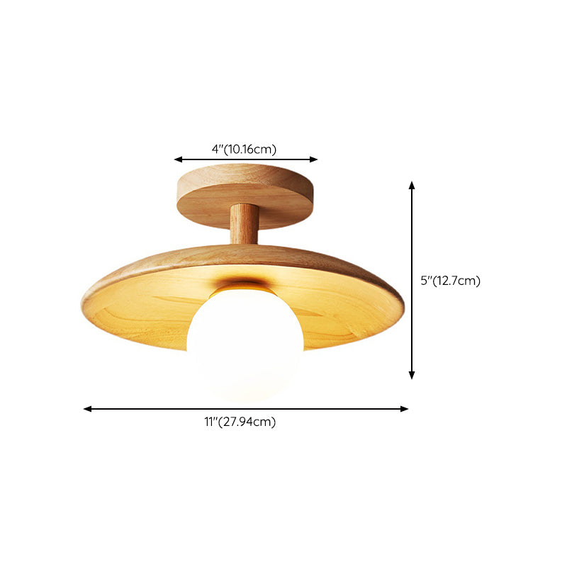 1-Light Ceiling Light Wooden Ceiling Mount Light with Glass Shade for Bedroom
