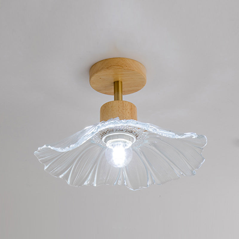 Modern Ceiling Lamp Wooden Flush Mount Light Fixture with Glass Shade for Bedroom