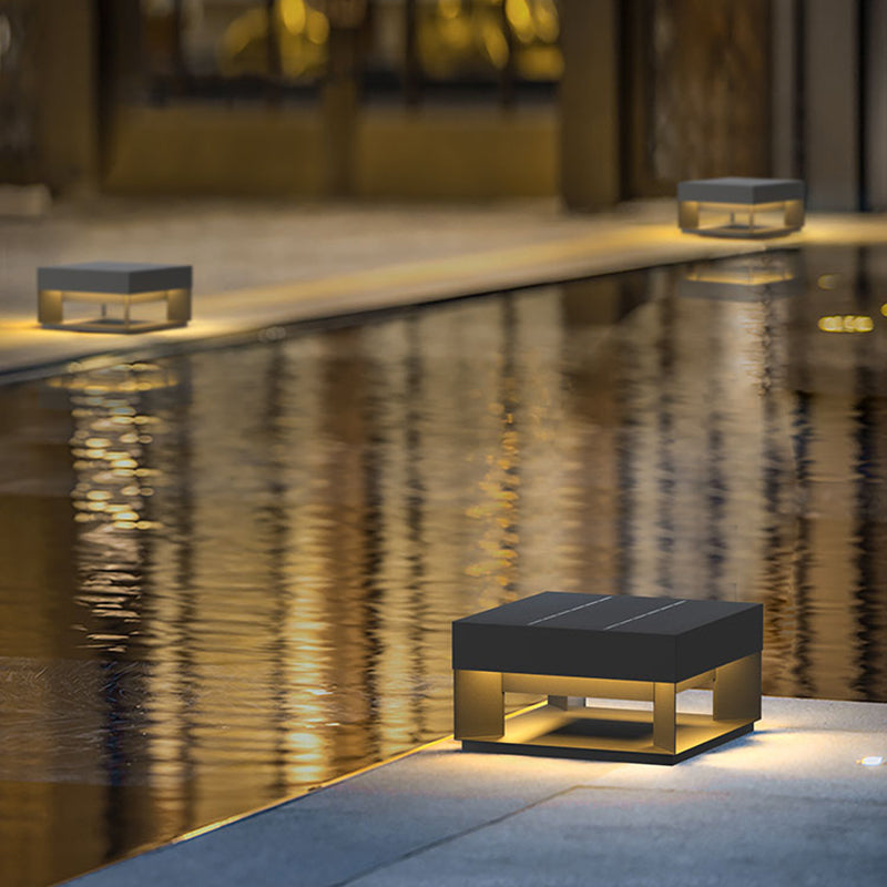 Contemporary Metal Pillar Lamp Square Shape Outdoor Waterproof Light in Black