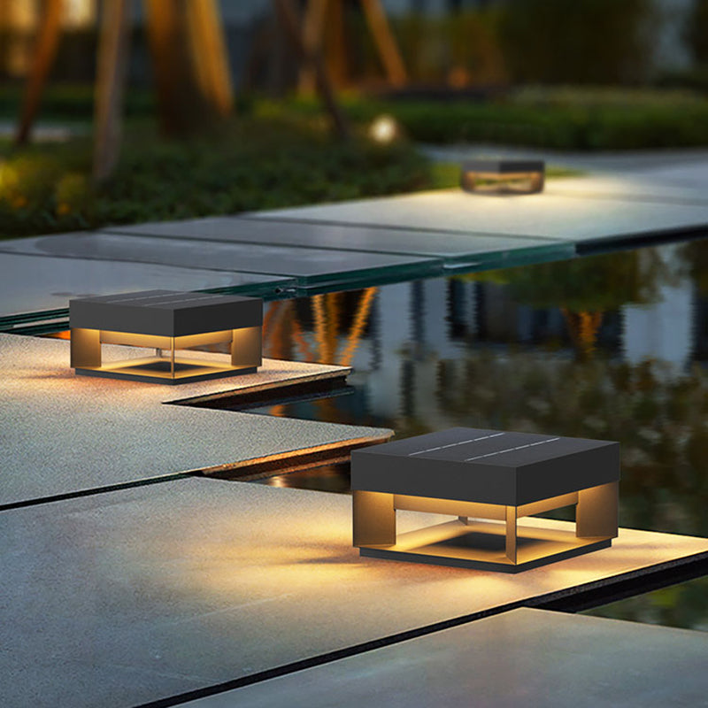 Contemporary Metal Pillar Lamp Square Shape Outdoor Waterproof Light in Black