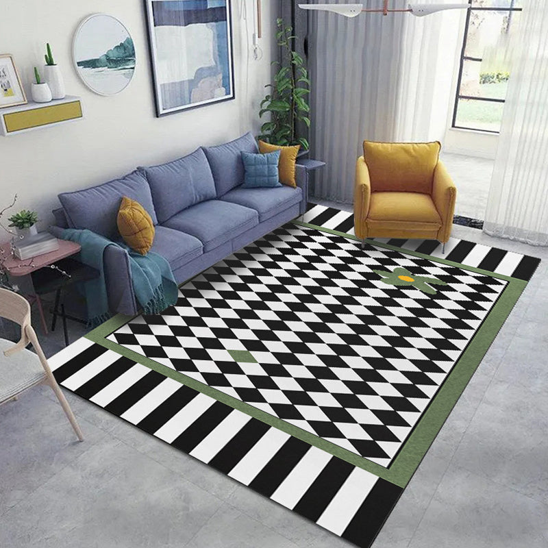 White Modern Rug Polyester Grid Pattern Rug Washable Rug for Home Decor