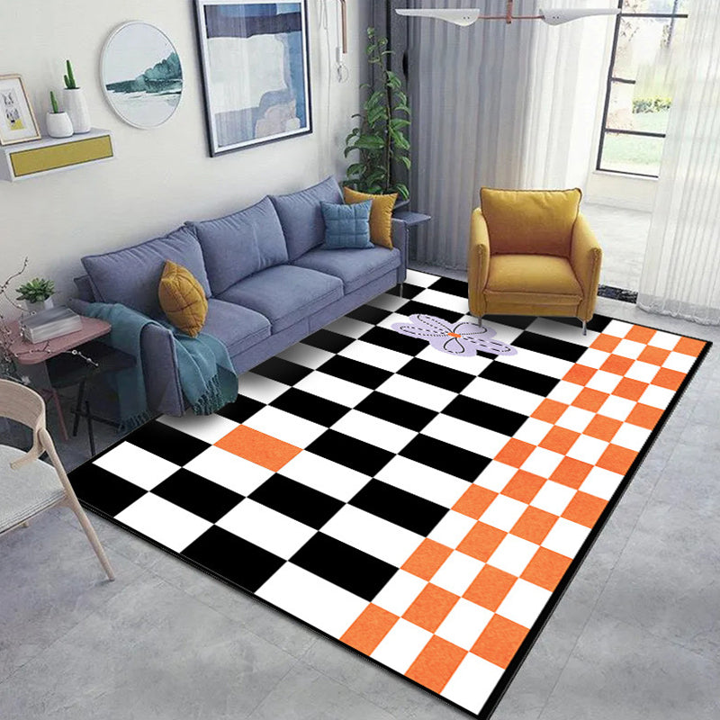 White Modern Rug Polyester Grid Pattern Rug Washable Rug for Home Decor