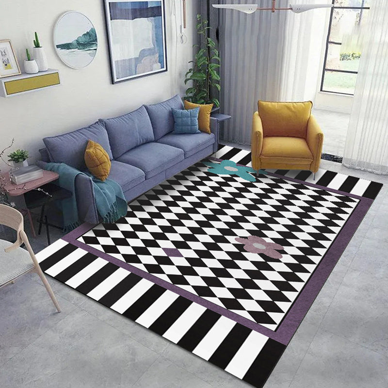 White Modern Rug Polyester Grid Pattern Rug Washable Rug for Home Decor