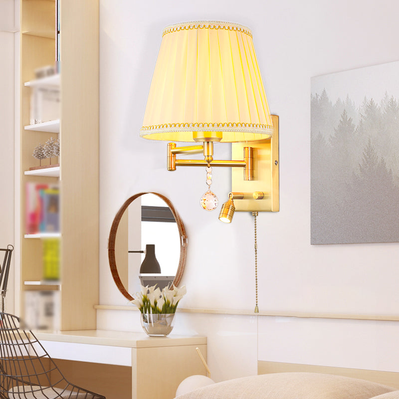 Single Light Wall Sconce in Gold Iron & Fabric Adjustable Wall Lighting Fixture