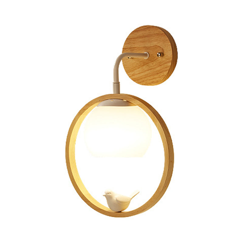 Modern Wood Wall Sconce Circle Shape Wall Light with Glass Shade for Living Room