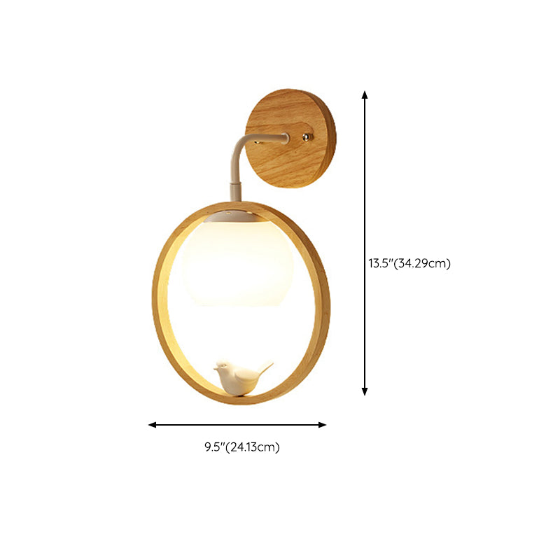 Modern Wood Wall Sconce Circle Shape Wall Light with Glass Shade for Living Room